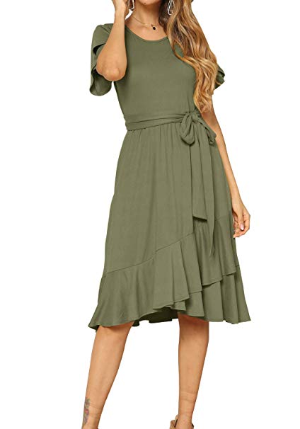 levaca Women's Plain Casual Flowy Short Sleeve Midi Dress with Belt