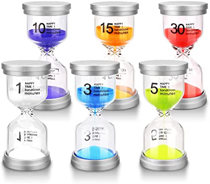 Sand Timers, Mosskic Hourglass Timer 1/3/5/10/15/30 Minutes Sandglass Timer for Kids Games Classroom Kitchen Home Office Decoration(Pack of 6) (Silver Cap)