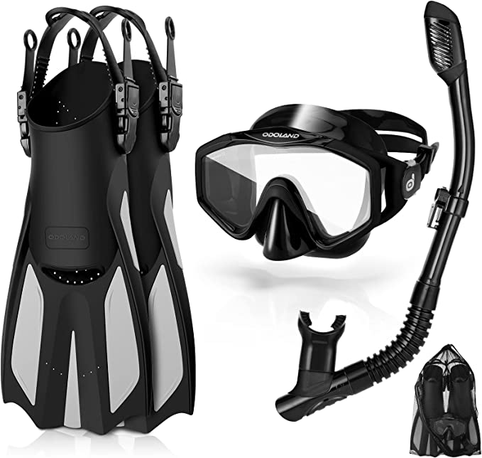 Odoland Snorkel Set with Wide View Diving Mask, Dry Top Snorkel, Swim Fins in Carry Mesh Bag, Anti-Fog Anti-Leak Snorkeling Gear for Men Women Adult & Kids