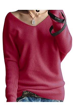 LONGMING Women's Fashion Big V-Neck Pullover Loose Sexy Batwing Sleeve Wool Cashmere Sweater Winter Tops