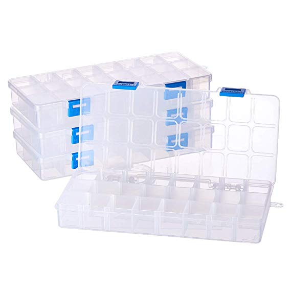 BENECREAT 4 Pack 24 Grids Jewelry Dividers Box Organizer Adjustable Clear Plastic Bead Case Storage Container 8.54 x 3.94 x 1.18 inch, Compartment: 1.18 x 0.98 x 1.02 inch