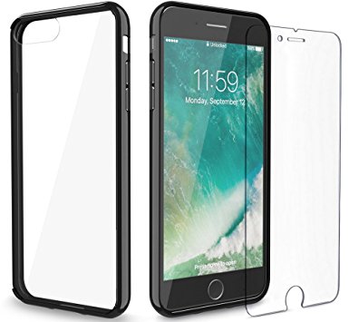 iPhone 7 Plus case, FlexGear Clear Hard PC Back TPU bumper   Tempered Glass Screen Protector (Clear - Black)