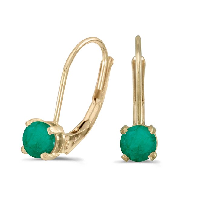 14k Yellow Gold Round Emerald Lever-back Earrings