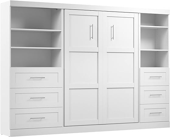 BESTAR Pur Full Murphy Bed and 2 Shelving Units with Drawers (120W) in White