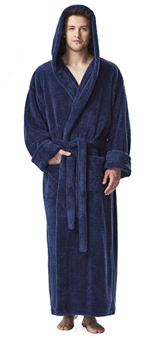 Arus Men's Fleece Robe, Long Hooded Turkish Bathrobe