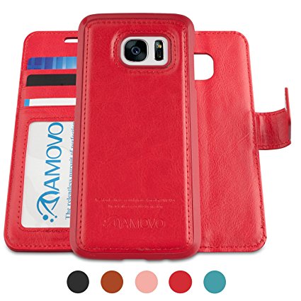 Amovo Galaxy S7 Edge Case [Detachable Wallet Folio] [2 in 1] [Premium Vegan Leather] S7 Edge Wallet Case with Leather Strap Gift Box Package (Red)