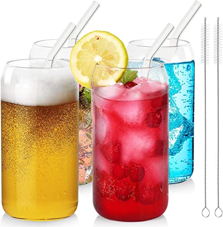 Drinking Glass Cups Set of 4 - Can Shaped Glass Cups, 16oz Beer Glasses with Glass Straw, Cute Iced Coffee Cup Tumblers, Cold Drink Glassware, Unique Water, Tea, Cocktail Glass Set