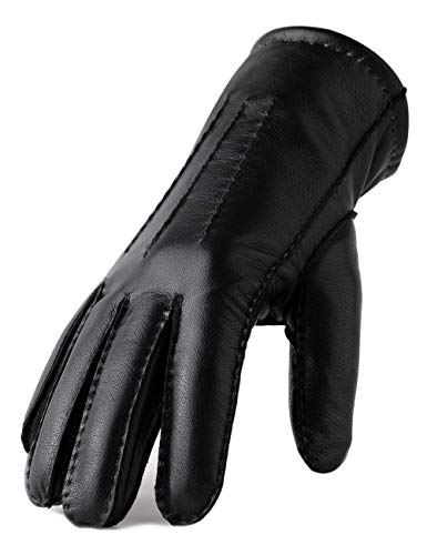 Black Genuine Leather Winter Gloves for Men Warm Lining