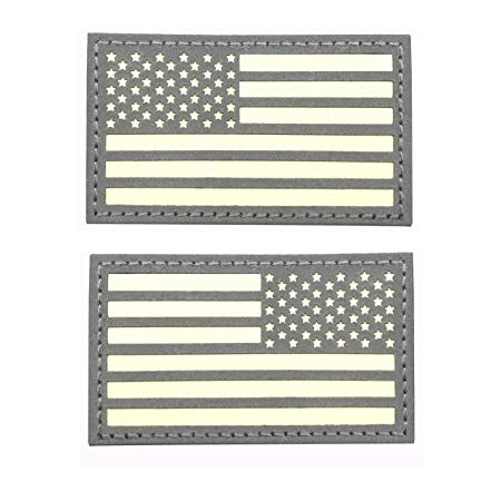 2"x3.5" Reflective Us USA American Flag Glow in The Dark Patch Hook-Fastener Backing (1 Left 1 Right)