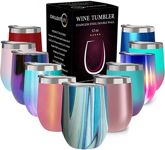 CHILLOUT LIFE 12 oz Stainless Steel Tumbler with Lid - Wine Tumbler Double Wall Vacuum Insulated Travel Tumbler Cup for Coffee, Wine, Cocktails, Ice Cream