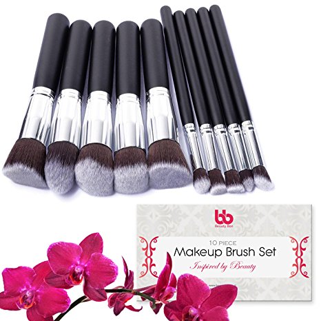 Professional Makeup Brushes, 10 Piece Set, Vegan, with Plastic Handles, Great for Applying Concealers, Foundations, & Powders, By Beauty Bon®