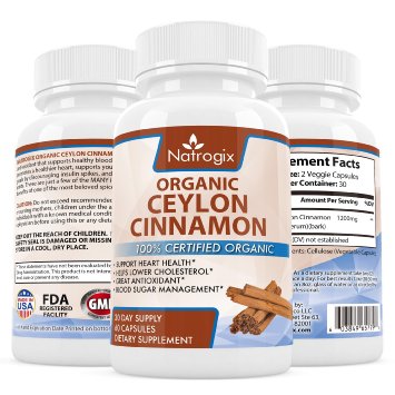Natrogix 100% Certified Organic Ceylon Cinnamon. Best Antioxidant Formula Supports Heart Health & Blood Glucose Levels & Lower Cholesterol & Discouraging Insulin Spikes & Joint Health(60 Capsules).