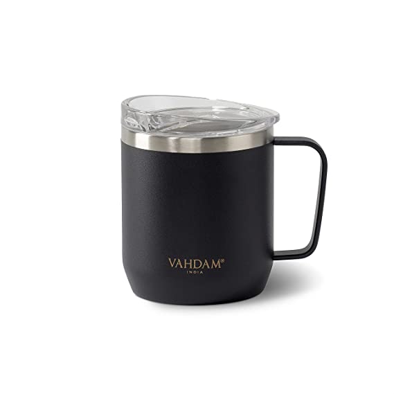 VAHDAM Drift Black Hot Coffee Mug with Lid 300 ml | 18/8 Stainless Steel Tea Mug | ECO-Friendly & Sustainable Mug to Carry Hot & Cold Beverage | Travel Mug for Tea Coffee