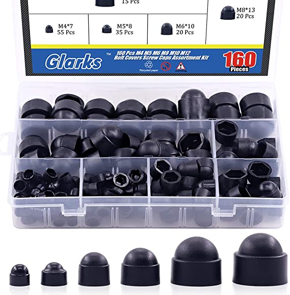 Glarks 160Pcs Black Bolt Covers Screw Caps Assortment Kit, M4 M5 M6 M8 M10 M12 Nylon Acorn Dome Protection Caps for Protecting Hexagon Shaped Screws Bolts (Black)