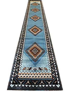 Southwest Native American Long Runner Area Rug Blue & Brown Design D143 (2 feet 4 inch X 10 feet 11 inch)