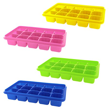 4 Pack Silicone Ice Cube Trays with Clear Lids by Kurtzy - Covered Ice Cube Tray Set with 60 Ice Cubes Molds - Flexible Rubber BPA Free Plastic Stackable No Spill Ice Cube Mold Storage Containers