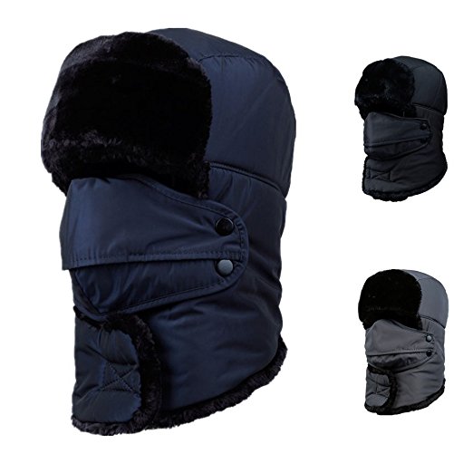 Winter Warm Trooper Trapper Hat, Lightweight Windproof Hat-Black With Breathable &Detachable Face Mask By Woods World