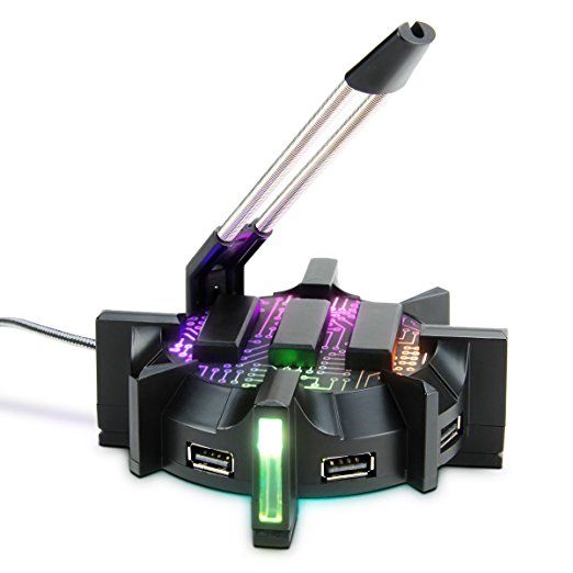 Pro Gaming Mouse Bungee Cable Holder 4 Port USB Hub with 7 LED Modes - Cable Management Support - Improved Accuracy & Weighted Design for Competitive eSports Games - Essential Gaming Gear