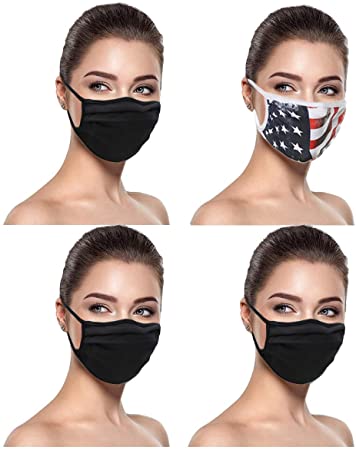 MADE IN USA (3 Black), 1 US Flag (Made in Guatemala), Washable Reusable Anti-dust Mouth Face Protection Double Layer Covering (IN STOCK 2-5 DAYS DELIVERY) -4 Pack