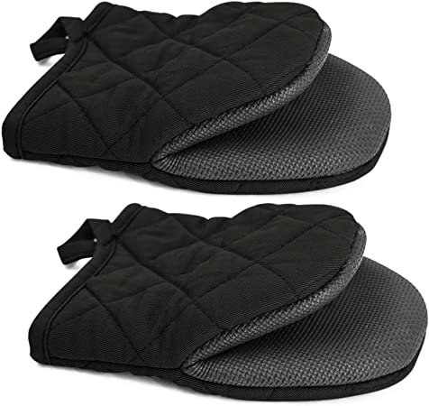 TOPSKY Mini Oven Mitts Microwave Mitts Pot Holder Heat Resistant Neoprene Cotton Gloves Surfaces Non-Slip Short Oven Gloves, Black 1 Pair