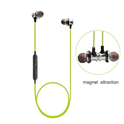 Bluetooth Headphones, V4.0 Wireless Stereo Bluetooth Earphones [Magnet Attraction] Sport Headset In-Ear Noise Cancelling Headphone Earbuds for Gym Running -Sweatproof, Microphone (Green)
