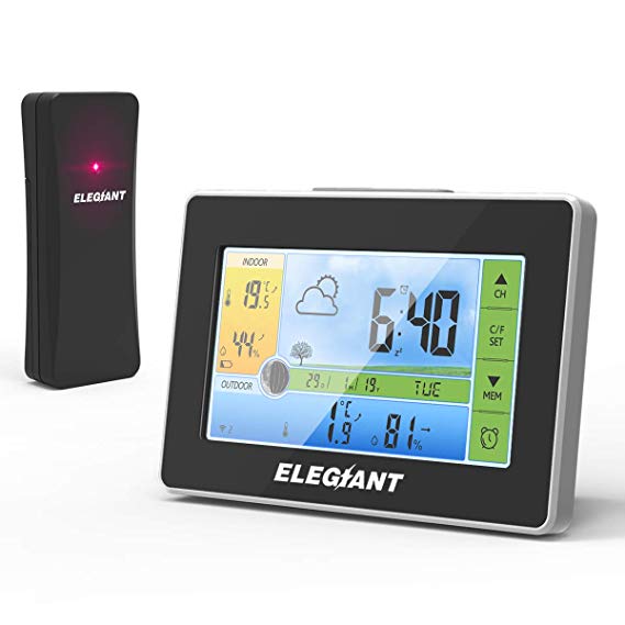 ELEGIANT Wireless Weather Station, Digital Thermometer Hygrometer Indoor Outdoor Temperature Humidity with Large LCD Screen, Outdoor Sensor, Weather Forecast, Alarm Clock for Home Office