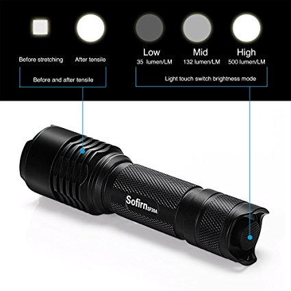 LED Flashlight Sofirn Zoomable Flahslight 500 Lumen SF30A Super Bright CREE LED Torch Lighter Ajustable Focus 3 Modes Hunting Outdoor light Water-resistant Pocket-Size, Batteries(Not Including)