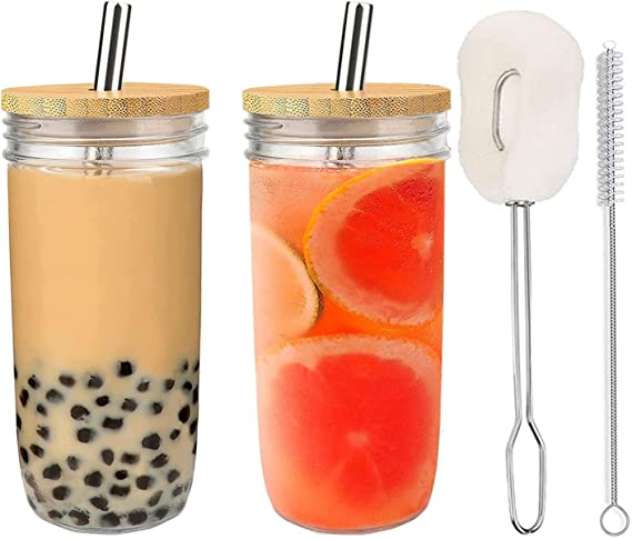 ALINK Bubble Tea Cups 2 Pack 24 oz Glass Tumbler, Reusable Smoothie Cup, Boba Bubble Tea Jar, Wide Mouth Mason Jar with Wooden Lid and Stainless Steel Straws