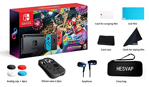 Nintendo Switch - Mario Kart 8 Deluxe Blue & Red Joy-Con Consoles W/ 69 Value 13 in 1 Supper Carrying Case (Earphone, LCD film, Card Case, Silicon Case x 2pcs, Carry Bag, Wiping cloth etc.)