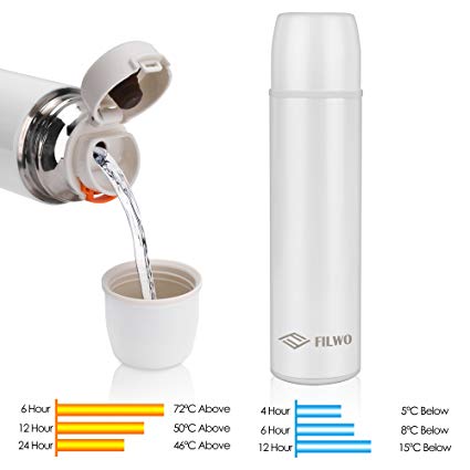 FILWO Stainless Steel Water Bottle, Double Wall Vacuum Insulated Coffee Travel Mug 100% Leak & Sweat Proof BPA Free, Cold 24 Hrs/Hot 12 Hrs 15 oz One Hand Open Vacuum Flask