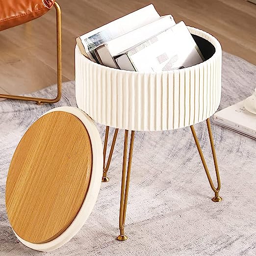 CUYOCA Round Storage Ottoman with Tray, Vanity Stool with Storage for Living Room Makeup Room, Coffee Table Foot Rest Stool for Vanity, Velvet White