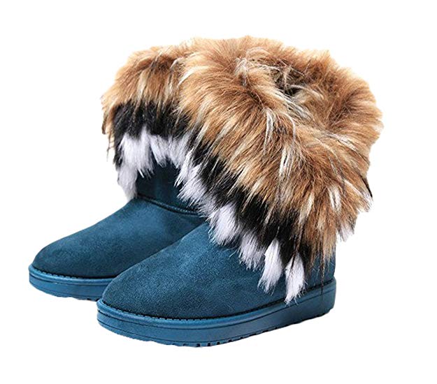 King Ma Women's Faux Fur Tassel Winter Snow Boot Suede Flat Ankle Boots