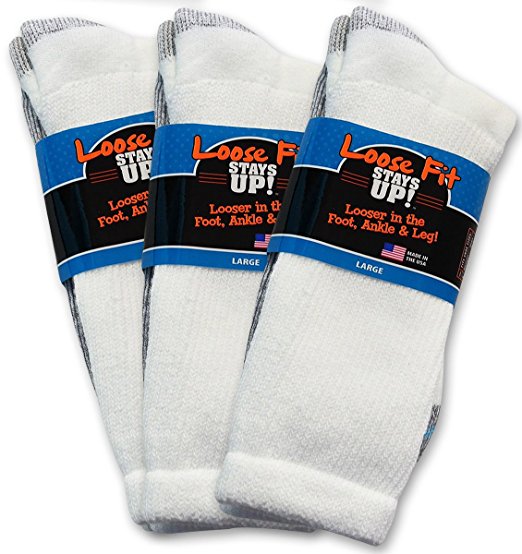 Loose Fit Stays Up Men's and Women's Crew Socks 3 Pack Made in USA!