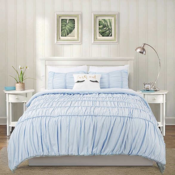 Elastic Embroidery Girls Bedding Twin Size Comforter Set for Teen Texture Light Blue Stripe by Cassiel Home