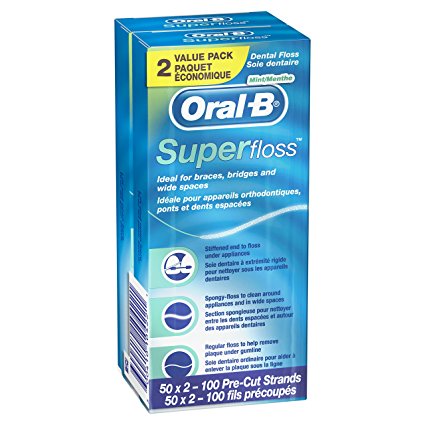 Oral-B Super Floss Pre-Cut Strands, Mint, 50 Count twin pack