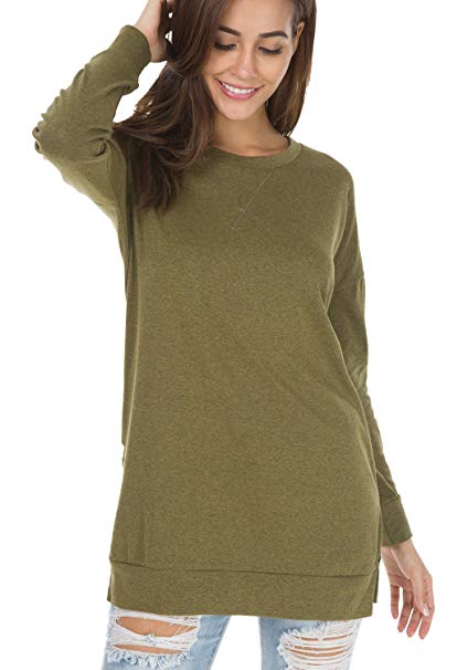 levaca Women's Fall Long Sleeve Side Split Loose Casual Pullover Tunic Tops