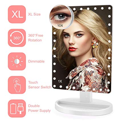 Lighted Makeup Mirror (X-Large Model), COSMIRROR Large Makeup Vanity Mirror with 35 LED Lights and 10X Magnifying Mirror, Touch Sensor, Dual Power Supply, 360° Rotation Light Up Mirror (White)