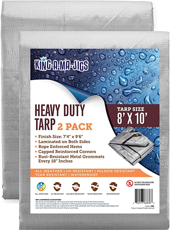 (2 Pack) 8x10 Heavy Duty Tarp, Waterproof Plastic Poly 10 Mil Thick Tarpaulin with Metal Grommets Every 18 Inches - for Roof, Camping, Outdoor, Patio. Rain or Sun (Reversible, Silver and Brown)