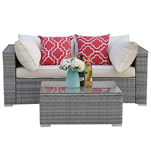 Do4U 3-12 Pieces Set Outdoor Patio Furniture Sectional Conversation Set,All-Weather Wicker Rattan Sofa Beige Seat & Back Cushions (3015-Grey-3 Pieces)
