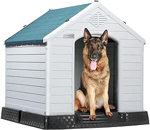 LEMBERI Durable Waterproof Plastic Dog House for Small to Large Sized Dogs, Indoor Outdoor Doghouse Insulated Puppy Shelter with Elevated Floor, Easy to Assemble (Blue, 34''L*31''W*32''H)