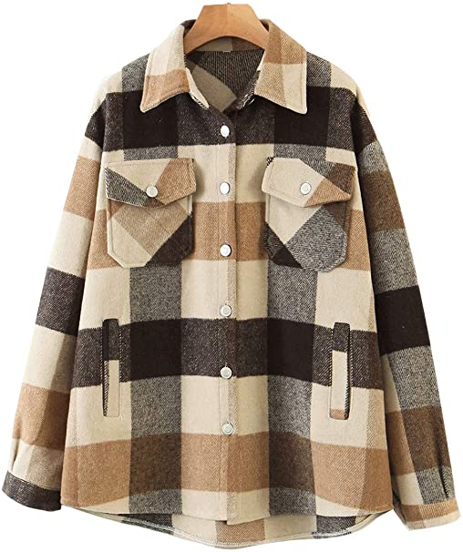 Haellun Womens Brushed Flannel Plaid Lapel Wool Blend Pea Coat Button Down Shirts Shackets