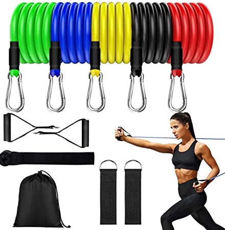11-Pack Resistance Bands Set,Including 5-Differents Resistance Levels Stackable with Door Anchor,2 Foam Handle,2 Metal Foot Ring & Carrying Case - Home Workouts,Physical Therapy,Gym Training,Yoga