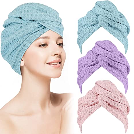 3 Pieces Waffle Hair Drying Towel Dry Hair Hat Hair Wrap Towel Quick Drying Hair Towel with Button, Ultra Absorbent Hair Towels for Drying Curly, Long and Thick Hair (Pink, Blue and Purple)