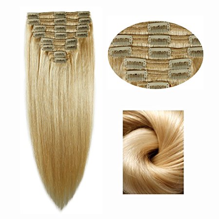 Double Weft 100% Remy Human Hair Clip in Extensions 14''-22'' Grade 7A Quality Full Head Thick Long Soft Silky Straight 8pcs 18clips for Women Beauty (14" / 14 inch 120g ,#613 Bleach Blonde)
