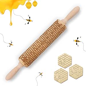 Kitticcino Embossed Wooden Rolling Pin Honeycomb Cookie Decorating Supplies Engraved Embossing Rolling Pin 3D Bee Pattern for Baking Cookies Holiday Housewarming Gift Kitchen Tool for Kids and Adults