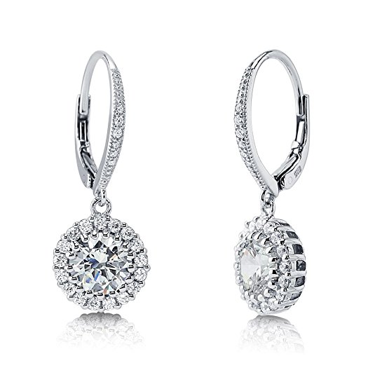 BERRICLE Rhodium Plated Sterling Silver Cubic Zirconia CZ Halo Leverback Dangle Drop Earrings