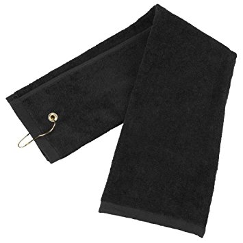 Zelta Tri-fold Golf Towel with Carabineer Bag Clip, Cotton Terry Cloth Black 16 x 25 Inch