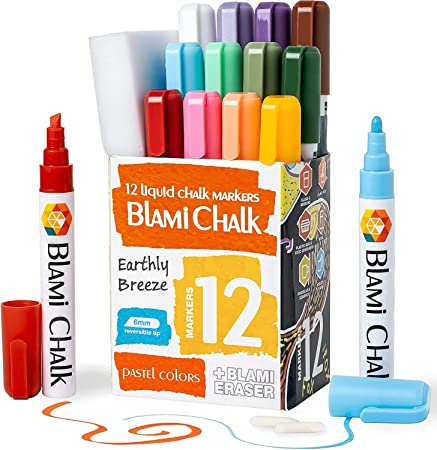 Blami Arts Chalk Marker, 12 Colors Liquid Chalk Pens, Non-Toxic, Water-based Liquid, Erasable for Glass, Metal, Chalkboards, Plastic, Reversible Tips and Erasing Sponge Included