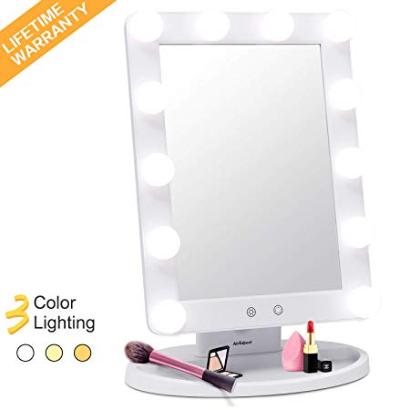 AirExpect Makeup Vanity Mirror with Light Bulbs - 3 Color Lighting Modes Hollywood Style Tabletops Lighted Cosmetic Mirror with 12 Dimmable LED Bulbs and Touch Control Design