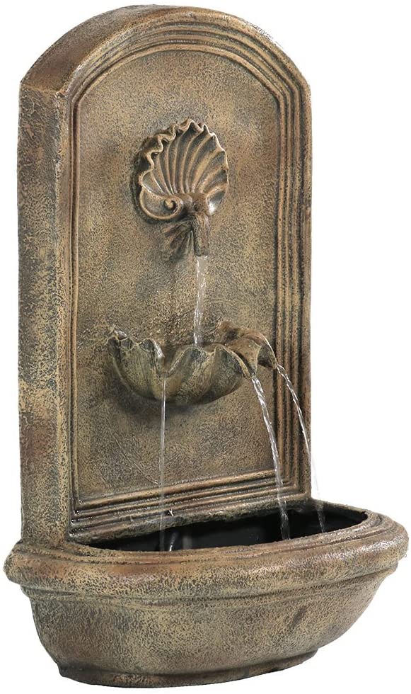 Sunnydaze Seaside Outdoor Wall Water Fountain - Waterfall Wall Mounted Fountain & Backyard Water Feature with Electric Submersible Pump - Florentine Stone Finish - 27 Inch